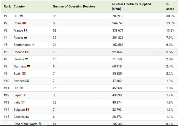 원자력발전량에 있어 우리나라는 미국, 중국, 프랑스, 러시아에 이은 5위 국가다. (자료=Electronics360)