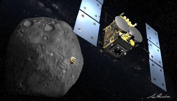 소해성 류구에 착륙하는 소행성 탐사선 하야부사2 상상도. (사진=일본우주항공연구개발기구)