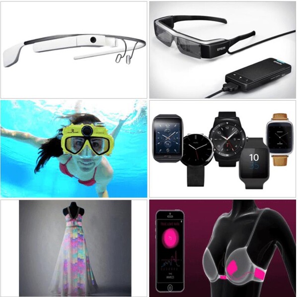 (사진/순서대로= 구글 글래스, 엡손 Moverio BT-200, Liquid image OPS 고글, 스마트 워치, CuteCircuit 스마트 드레스, Ravijour 스마트 브래지어)
