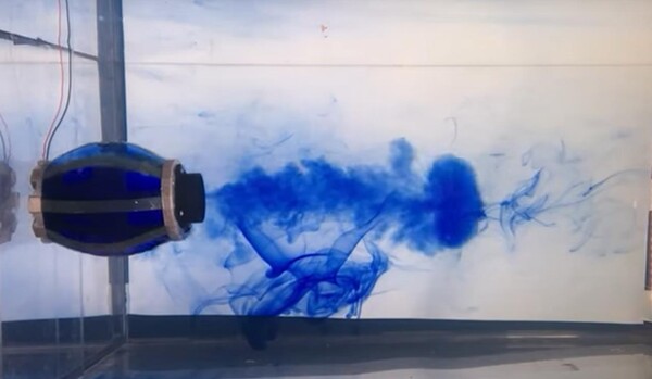 UCSD 연구진이 개발한 두족류를 닮은 수중 로봇 추진력 테스트.(사진=UCSD)