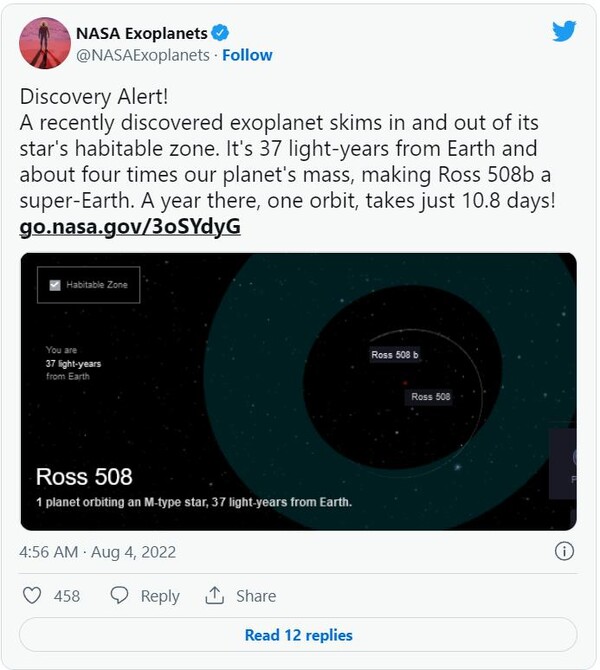 지구에서 37광년 떨어져 있고 우리 행성 질량의 약 4배이므로 Ross 508b는 슈퍼 지구입니다. 그곳에서 1년, 한 궤도를 도는 데 10.8일이 걸립니다!