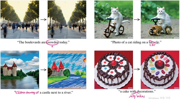 "자전거를 타는 고양이" 를 "차를 타는 고양이"로 다시 쓰면, 풍경이나 고양이의 위치는 그대로, 자전거만이 차로 바뀐다. (자료=구글 리서치/ 텔아비브 대학)