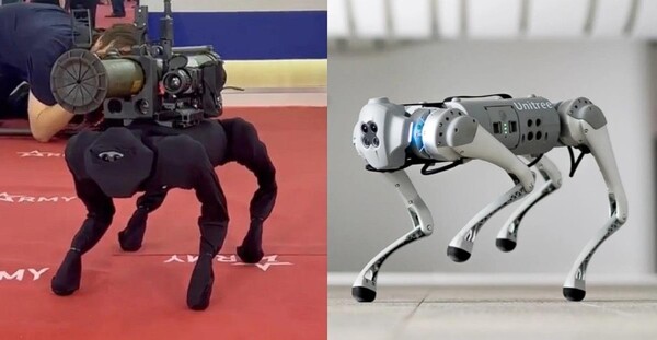 RPG-26으로 무장한 M-81 로봇 개는 2022년 8월 15일 월요일 러시아의 연례 Army-2022 국제 무기 박람회에서 공개되었다. 러시아 인텔렉트 머신이 공개한 군용 로봇개 ‘M-81’(왼쪽)과 중국 유니트리 로보틱스 ‘Go-1’. (사진=리아노보스티 텔레그램/유니트리 로보틱스)