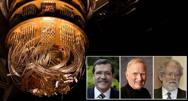 구글의 양자컴퓨터(좌측사진) 과 3인의 노벨 물리학상 과학자 앨런 아스페, 존 클라우저, 안톤 자이링거.