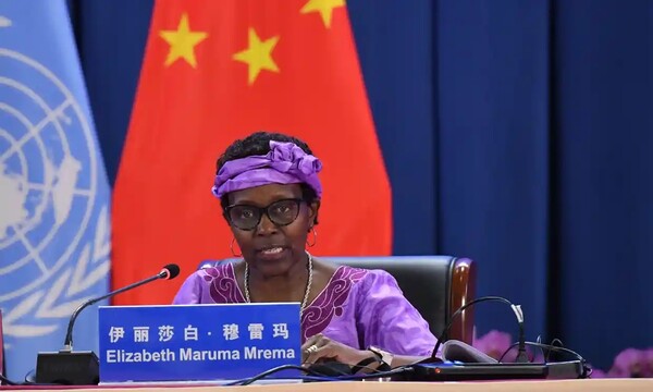 2021년 10월 중국 쿤밍에서 열린 ‘Cop15’ 1부에서 유엔 생물다양성 책임자 엘리자베스 마루마 므레마가 연설하고 있다.(사진=China News)