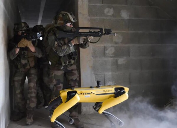 보스턴 다이내믹스(Boston Dynamics)가 제작한 4족 보행로봇 스팟(Spot)이 프랑스군이 실시한 군사훈련에서 군인들과 나란히 등장했다.(사진=Saint-Cyr Coëtquidan / @SaintCyrCoet 트윗)