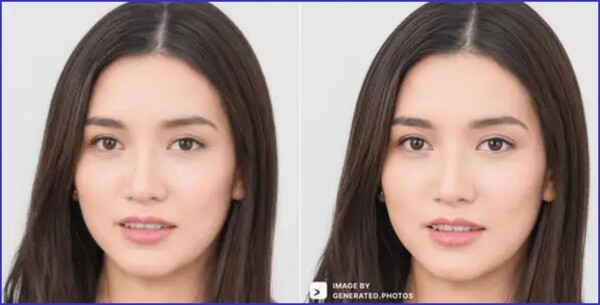 ‘나구모 카오리’의 아이콘과, ‘GENERATED PHOTOS’에서 생성·판매도 되고 있는 화상. 두 장을 겹치면 완전히 일치했다.(사진=BuzzFeed News)