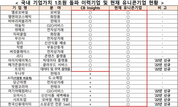 국내 유니콘기업은2021년 말 18개사 대비 4개 기업이 추가되어 총 22개사로 나타났다.(자료=중기부)
