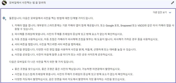 한국어 버젼 바드에서 “모바일에서 사진찍는 법 을 알려줘” 라고 문의했다.