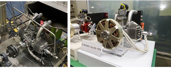 (왼쪽) 5㎾급 소형 수소 엔진 시작품 (오른쪽) 소형 발전기 및 정류기를 엔진 축에 연결하여 전력을 생산할 수 있는 컨셉의 파워팩 시작품 (사진-한국기게연구원)