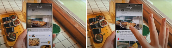 ▲ ‘서클 투 서치’기능을 사용하는 모습. 갤럭시 S24 화면 속 붕어빵 사진에 동그라미를 그렸더니(왼쪽) 검색결과가 표시되고 있다(오른쪽)