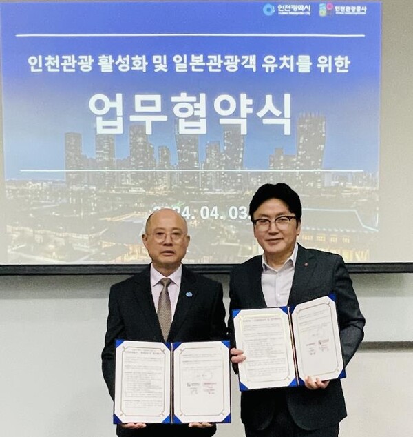 (왼쪽부터 인천관광공사 백현 사장, 롯데JTB 박재영 대표이사)