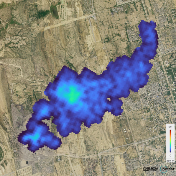(사진=Carbon Mapper) 9월19일(현지시간) 카본 매퍼 팀은 타나거-1 위성에 탑재된 이미지 분광기를 통해 파키스탄에 4km의 메탄기둥을 감지했다.