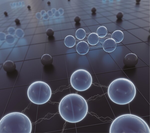 ▲고체 물질 속 '전자결정 조각'들을 형상화한 그림투명한 파란공은 결정을 이룬 전자를 나타내고, 불투명한 검은공은 결정을 이루지 않은 채 남아있는 전자를 나타낸다. 흰색선으로 연결된 투명한 파란공들은 육각형 모양으로 오직 짧은 거리의 배열만 갖는 전자결정 조각을 이루고 있다. / 그림설명 및 그림제공 : 연세대학교 김근수 교수 ⓒ 김근수 연세대학교 교수