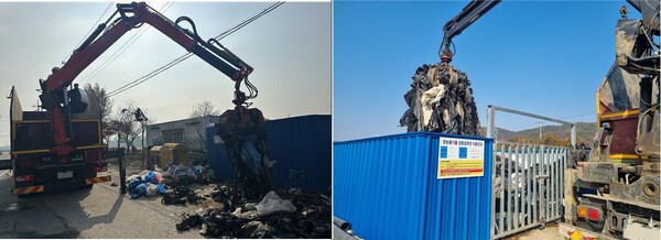 민간위탁수거사업자가 공동집하장에서 영농폐비닐을 수거하고 있다.