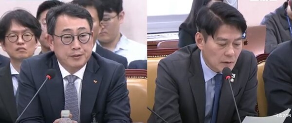 사진=유영상 SK텔레콤 대표(좌측) 가 30일 국회 과학기술정보방송통신위원회 청문회에서 더불어민주당 한민수 위원(우측) 과 질의 답변하고 있는 모습. /국회방송 캡처 