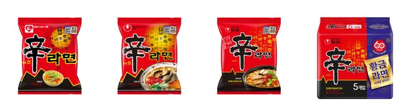 신라면 히스토리팩 이미지. 좌측부터 1986년, 1992년, 2014년 패키지 디자인
