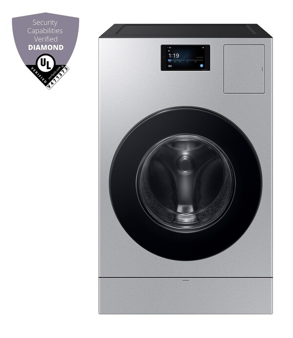 ▲ 삼성전자 ‘비스포크 AI 콤보’ 일체형 세탁건조기 제품 이미지와 ‘UL 솔루션즈(UL Solutions)’가 주관하는 사물인터넷 보안 평가 ‘다이아몬드’ 등급 이미지