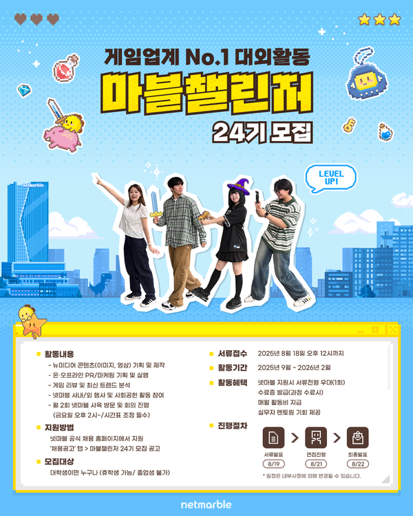 ▲서류 접수는 18일까지 넷마블 공식 채용 홈페이지에서 진행되며, 대학교 재학생 및 휴학생이라면 누구나 지원할 수 있다. 